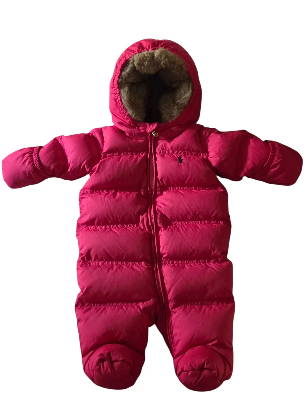 Ralph Lauren Baby 3M Pink Down Puffer Snowsuit Faux Fur Hood Footed